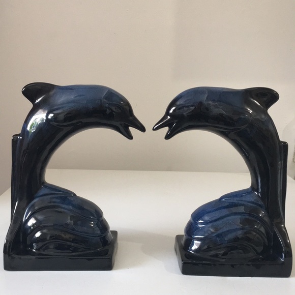 Blue Mountain Pottery Dolphin Bookends Cobalt Blue - Picture 1 of 12